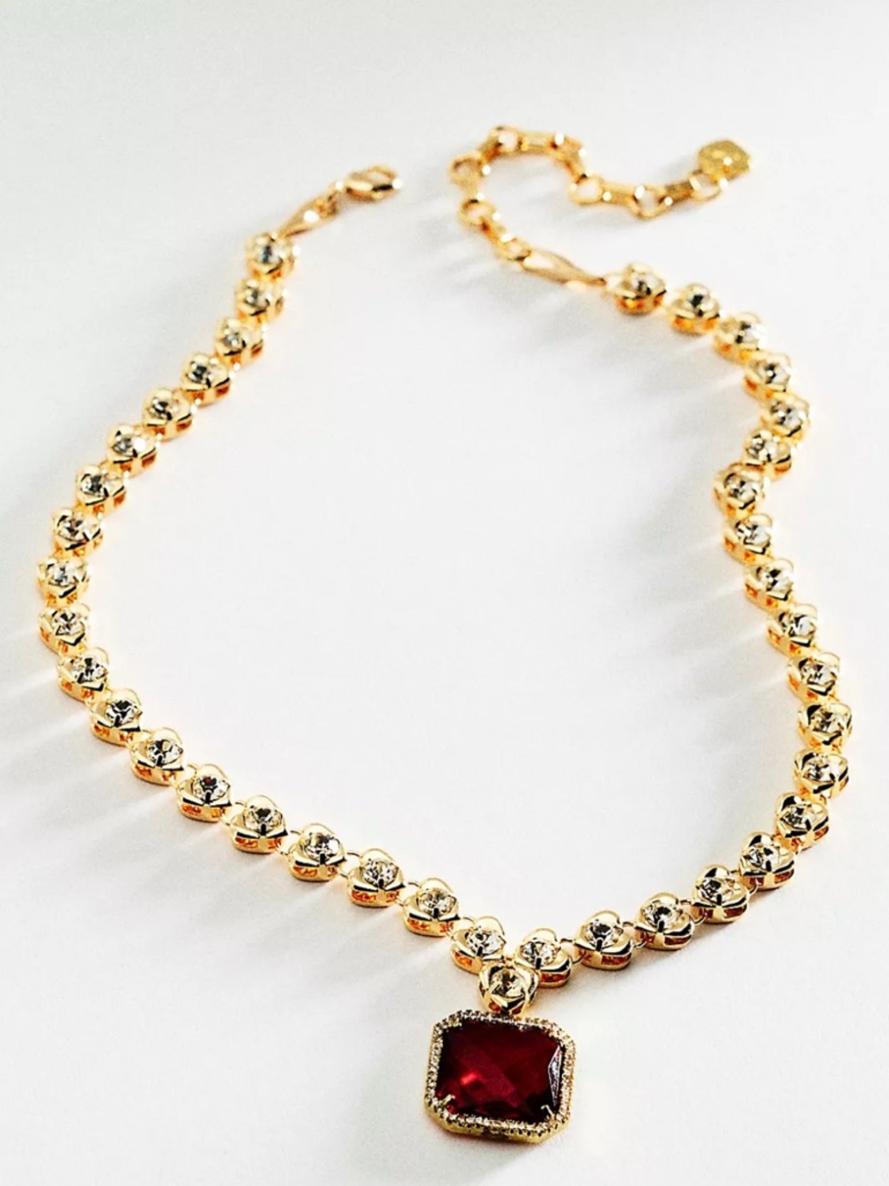 Gold-Tone Pendant Necklace with Red Gem
